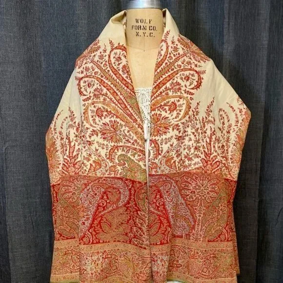1800’s Wool Paisley Shawl -extra large! 146” x 64” - Picture 4 of 16